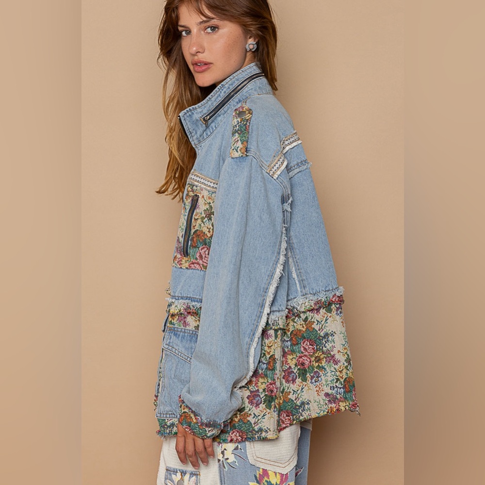 POL blue denim patch mixed fabric Applique coat jacket - Picture 5 of 7